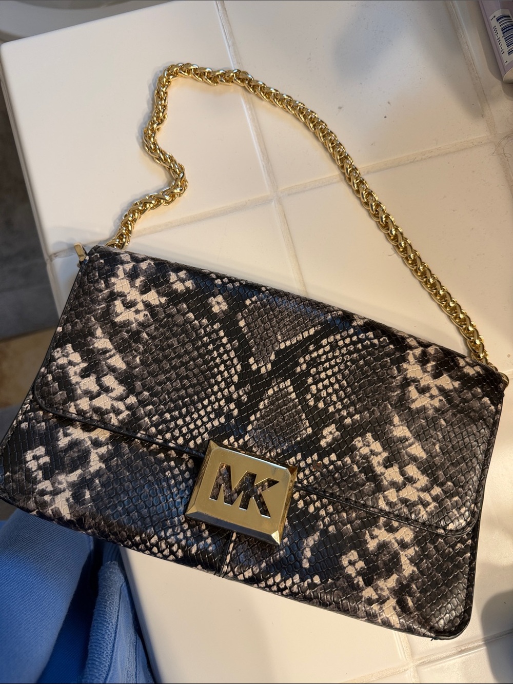 Michael Kors Black and Cream Snake-Print Shoulder Bag with Gold Chain